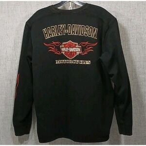 Harley-Davidson Shirt Mens Long Sleeve XL Black 100%‎ Cotton Flames Bikercore